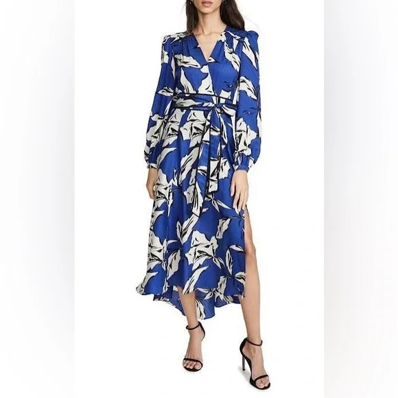 Veronica Beard Mclean Floral Silk Long Sleeve Maxi Dress with Slit Size 2 💙🖤🤍 - Picture 3 of 16